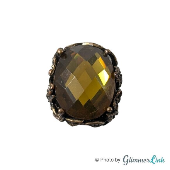 Chunky Nature Themed Faceted Green Acrylic Brass Tone Statement Ring Sz 4 - Picture 3 of 11